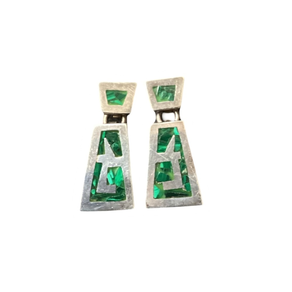 🚨Final Sale🚨!! Vintage Sterling Silver w/Green Inlay Geometric Earrings Stamped